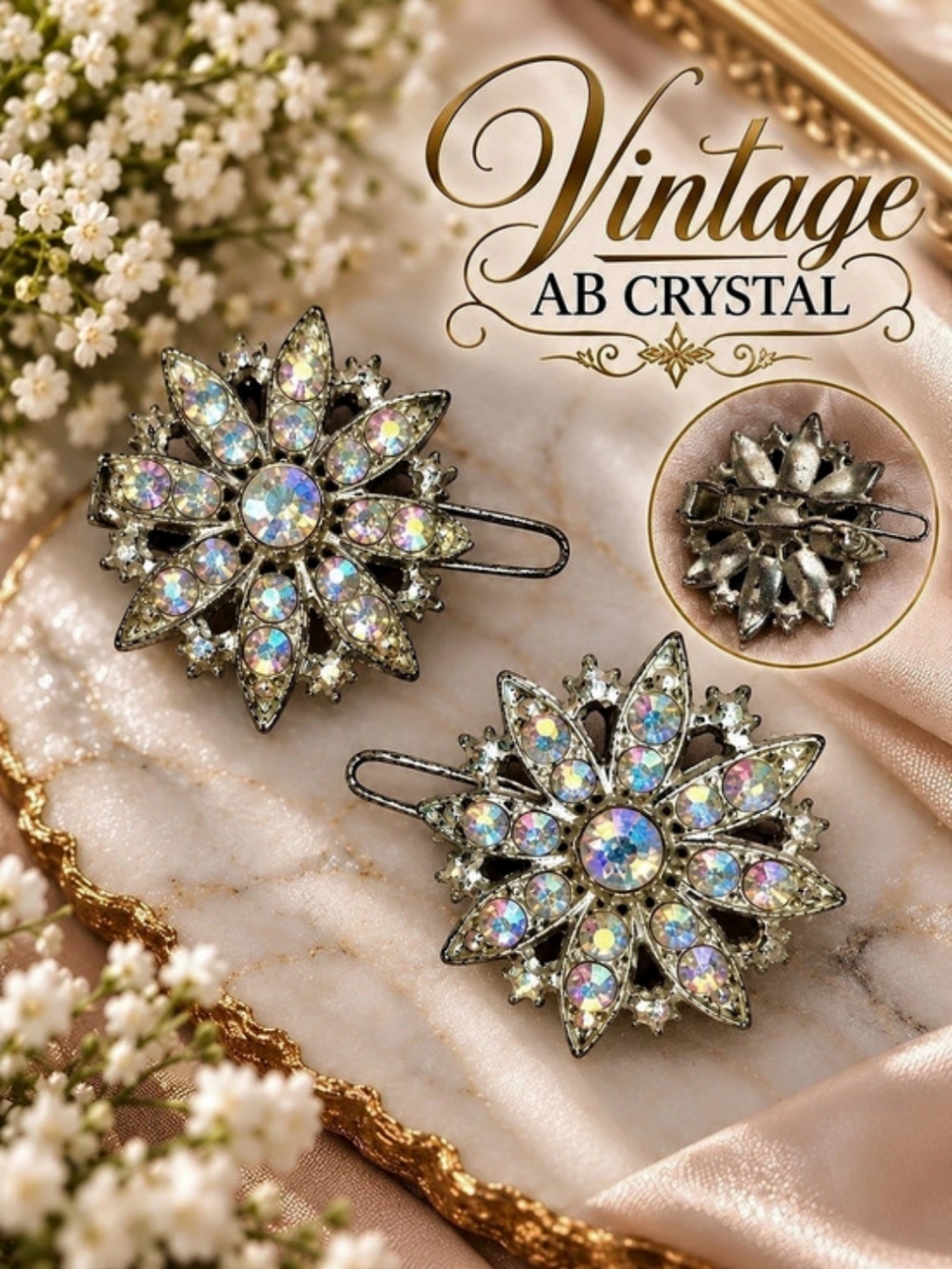 Vintage AB Aurora Borealis Crystal Starburst Flower Hair Barrettes